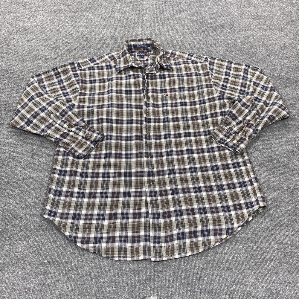 Tommy Hilfiger Shirt Mens Large Blue Plaid Long Sleeve Button Up Casual Cotton